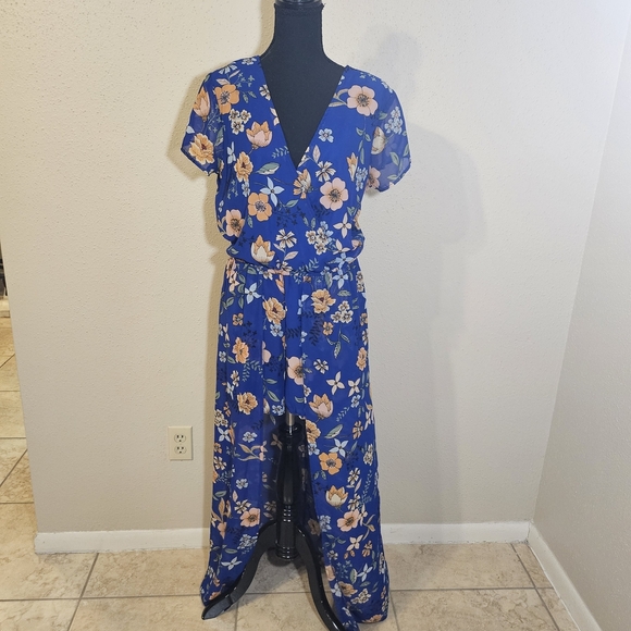 Floral Blue Maxi Romper Dress - Picture 1 of 6